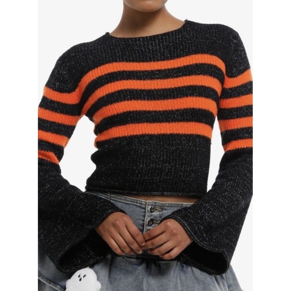 Hot Topic NWT Orange Black Stripe Peppered Knit Crop Sweater XL Drop Shoulder